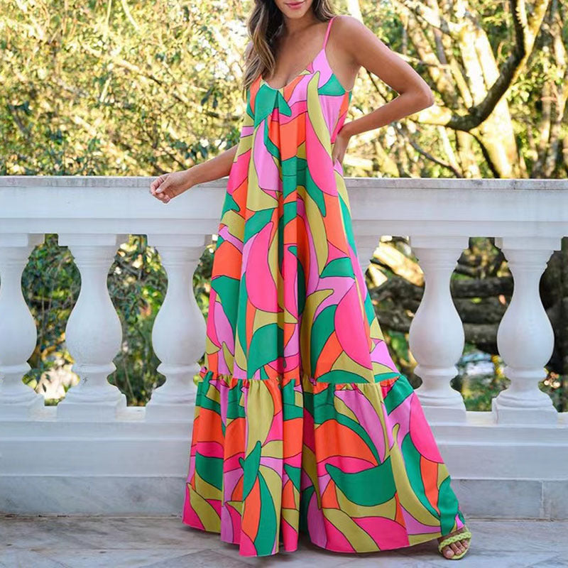 2025 summer 2025 Popular trade new commuter long dress deep V-neck backless suspender printed dress