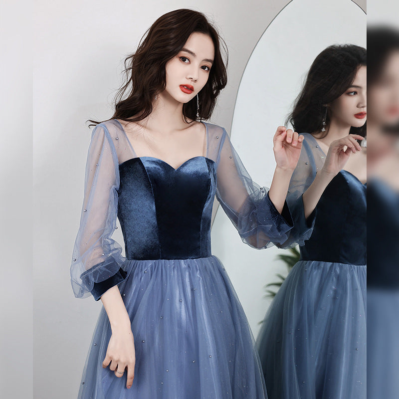 LOVECCR Evening Dress 2021 New Spring Velvet Slimming Long Birthday Party Host Banquet Temperament Belly Covering Dress for Women