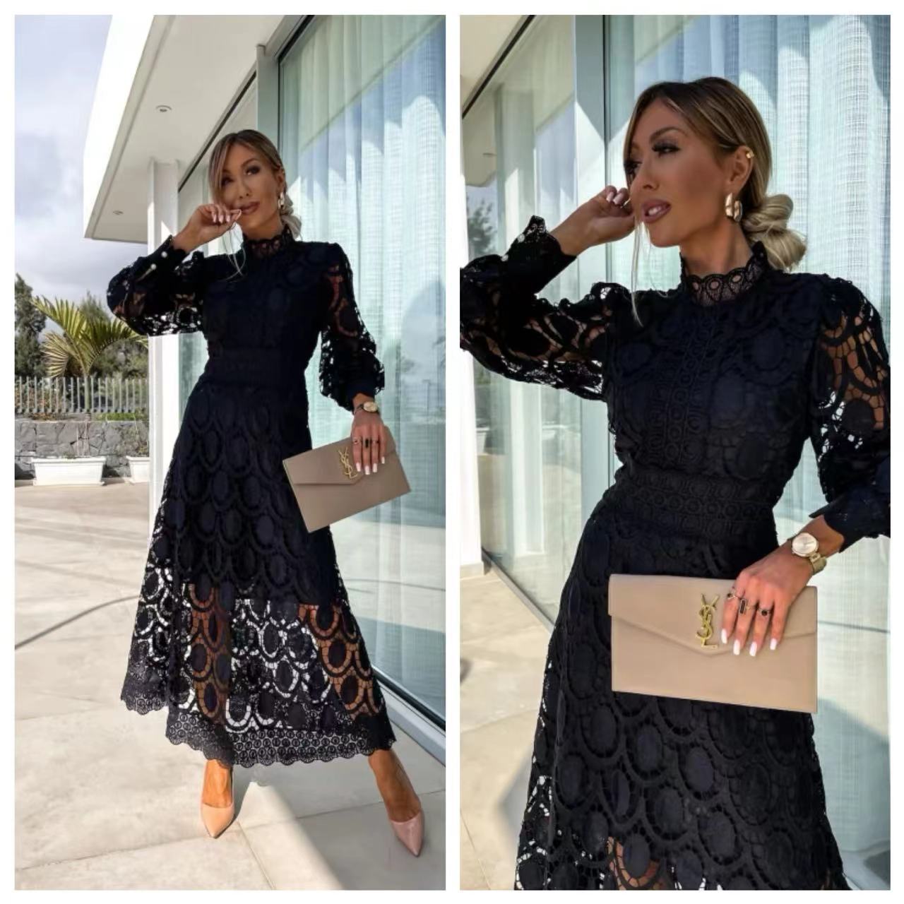 Spring New Style Lace Stand Collar Puff Sleeve Waist Slimming Dress Graceful European and American Long Dress