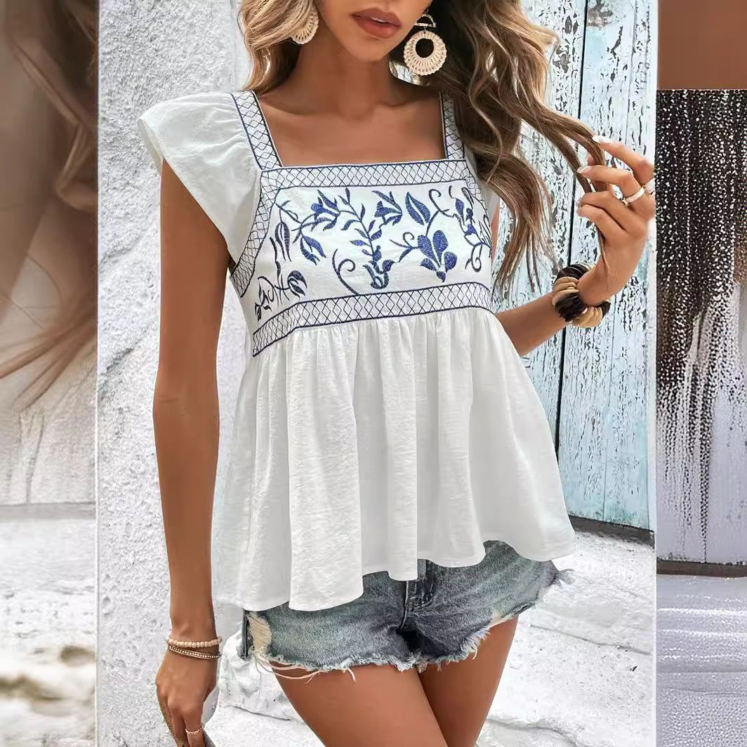 2025 New women's clothing summer new embroidered lace-up square collar flying sleeves ruffle edge top women