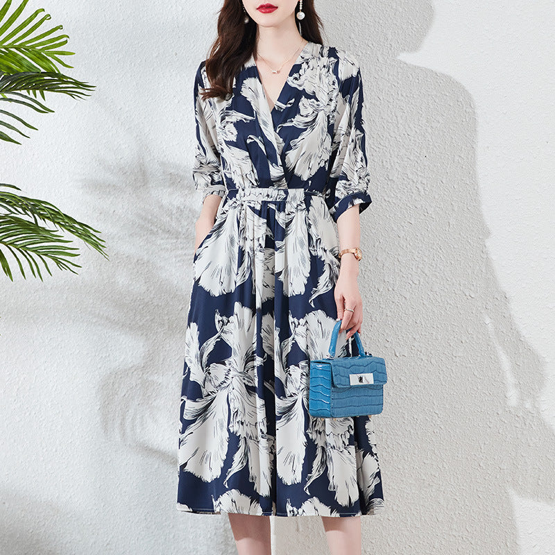 Silk Dress Women's Mulberry Silk Summer New High-End Temperament V-neck plus Size Floral Dress Women's High Sense