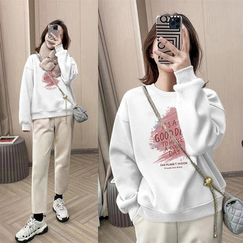 spring and autumn Korean version of fashion small round neck pullover fleece sweater long sleeve loose tide ins style top
