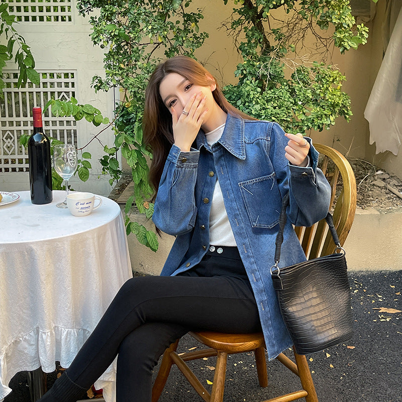 2025 spring Popularan goods Manila retro blue contrasting denim shirt design sense loose casual top women's clothing
