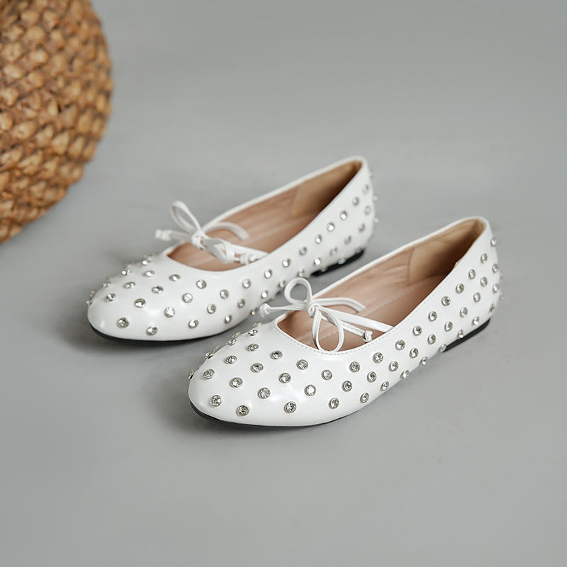 2025 Sheepskin version~ ins style new retro round head versatile one-pedal commuting loafers temperament rhinestone flat shoes