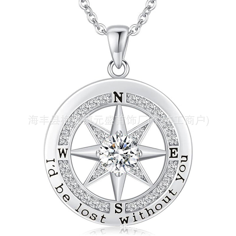 HOT and NEW Cross Border S925 Sterling Silver Compass Compass Necklace Female Twelve Birthstone Pendant Clavicle Chain