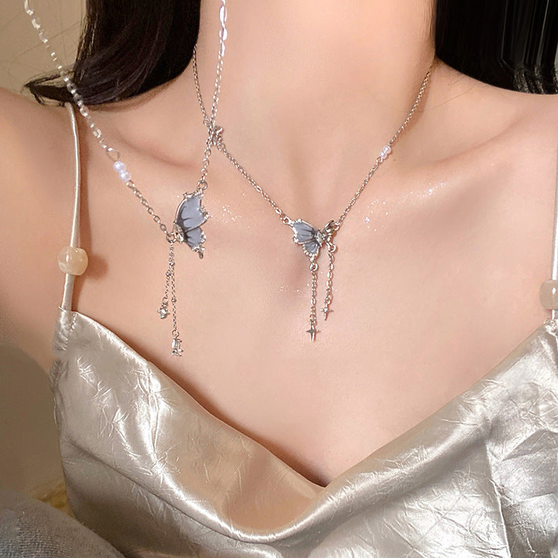LOVECCR Titanium Steel No Fading Butterfly Zircon Tassel Necklace for Women New Niche High Sense Clavicle Chain Neck Chain Accessories