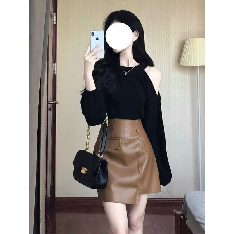Pure desire wind two-piece set, early autumn sweet off-the-shoulder temperament long-sleeved shirt top + high-waisted leather skirt set for women