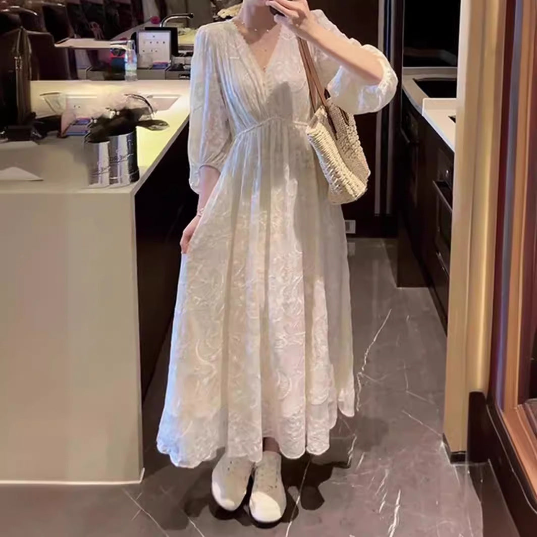 LOVECCR Machine Embroidery V-neck Design Tight Waist Slimming Dress Summer New Vacation Princess Dress