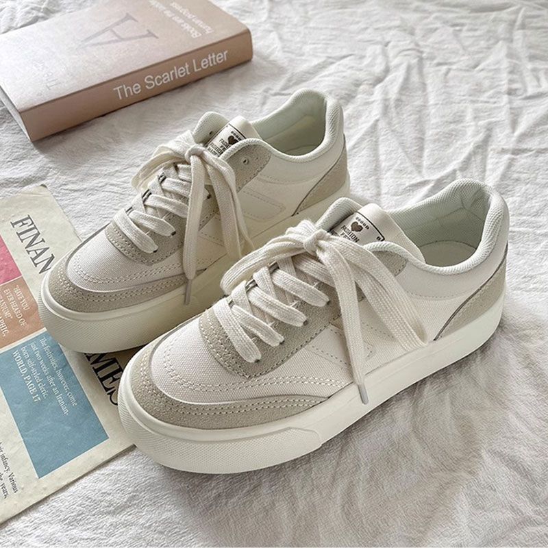 loveccr Women's Thick-Soled Canvas Shoes Spring and Autumn New Niche Original Retro Versatile Sneakers Hong Kong Style White Shoes for Students