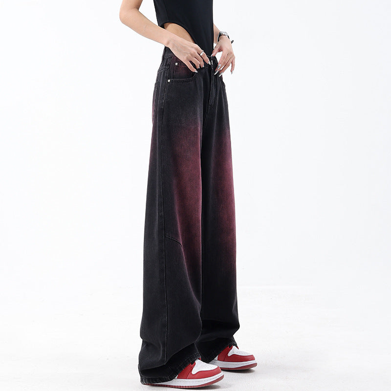 American Retro Spring and Summer New Graffiti Washed Jeans Women's Retro Design Straight-Leg Wide-Leg Pants Pants