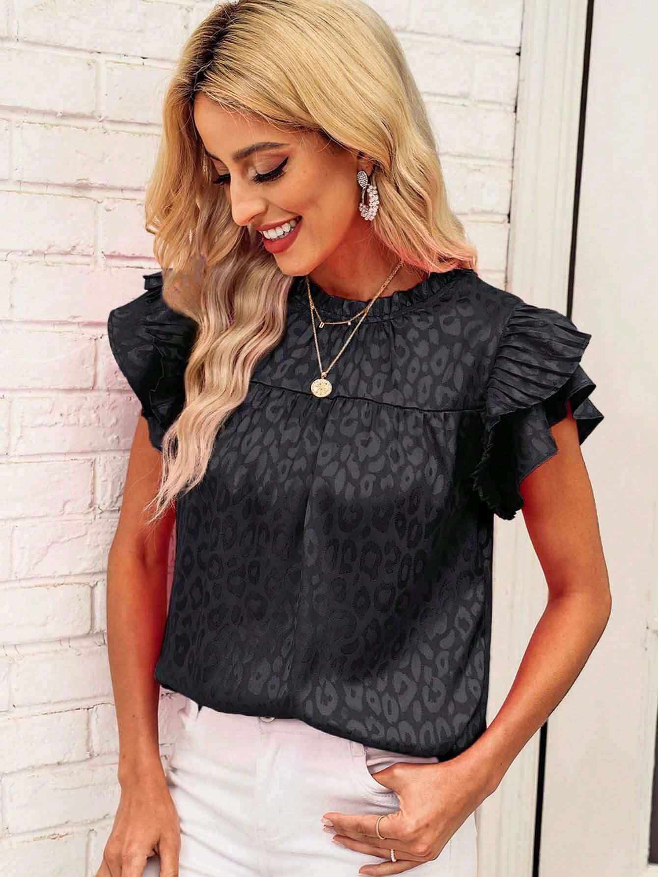 2025 Popular, , New women's clothing summer new fashion versatile printed lotus leaf sleeve wavy collar women's top