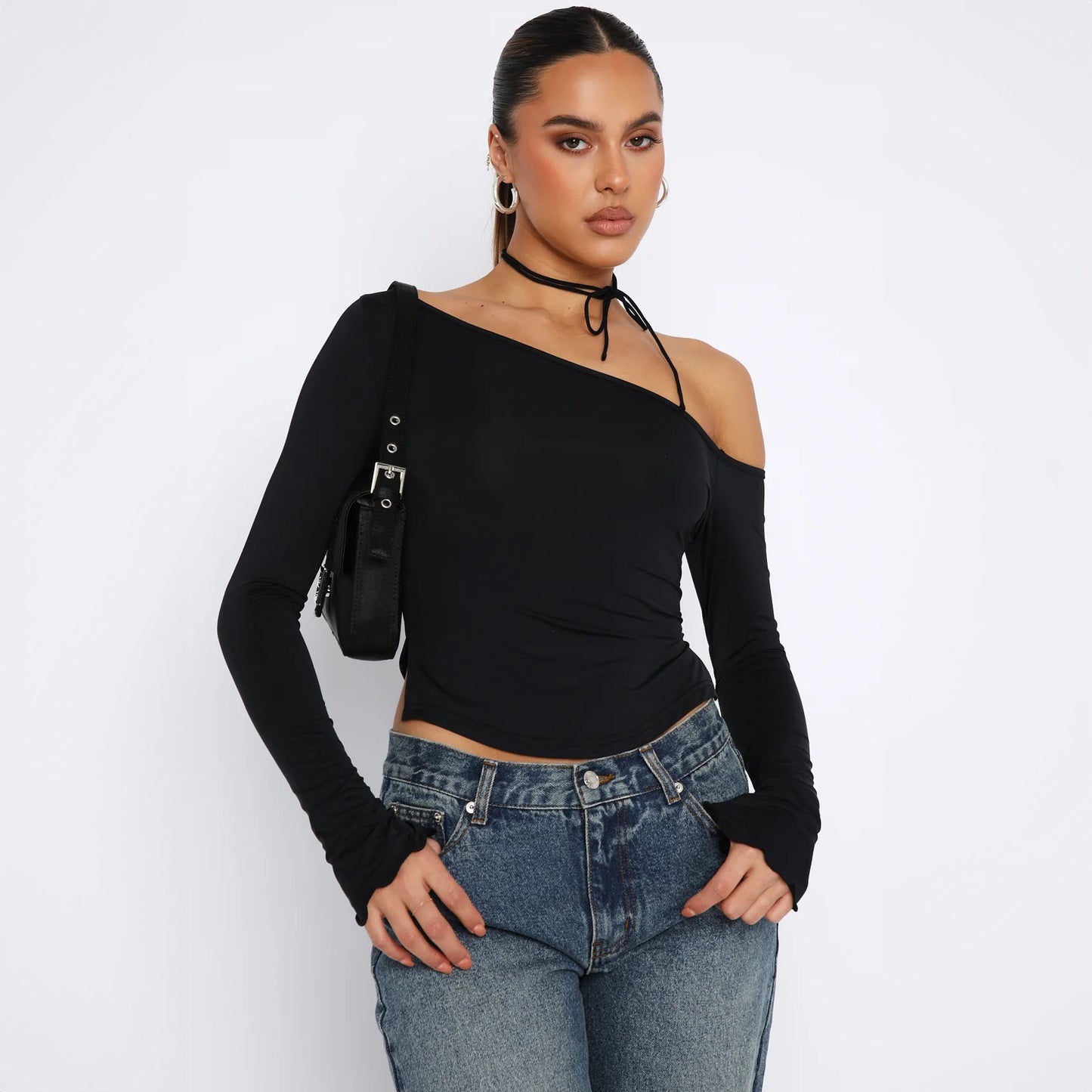LOVECCR 2025 INS style women's clothing Hot summer new fashionable solid color slanted shoulder slim shoulder sexy long-sleeved T-shirt top