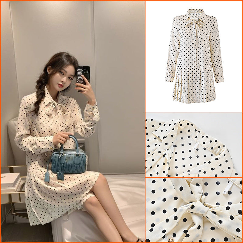retro printing polka dot stand-up collar long-sleeved dress summer new slim-fit pleated medium-length dress L6086