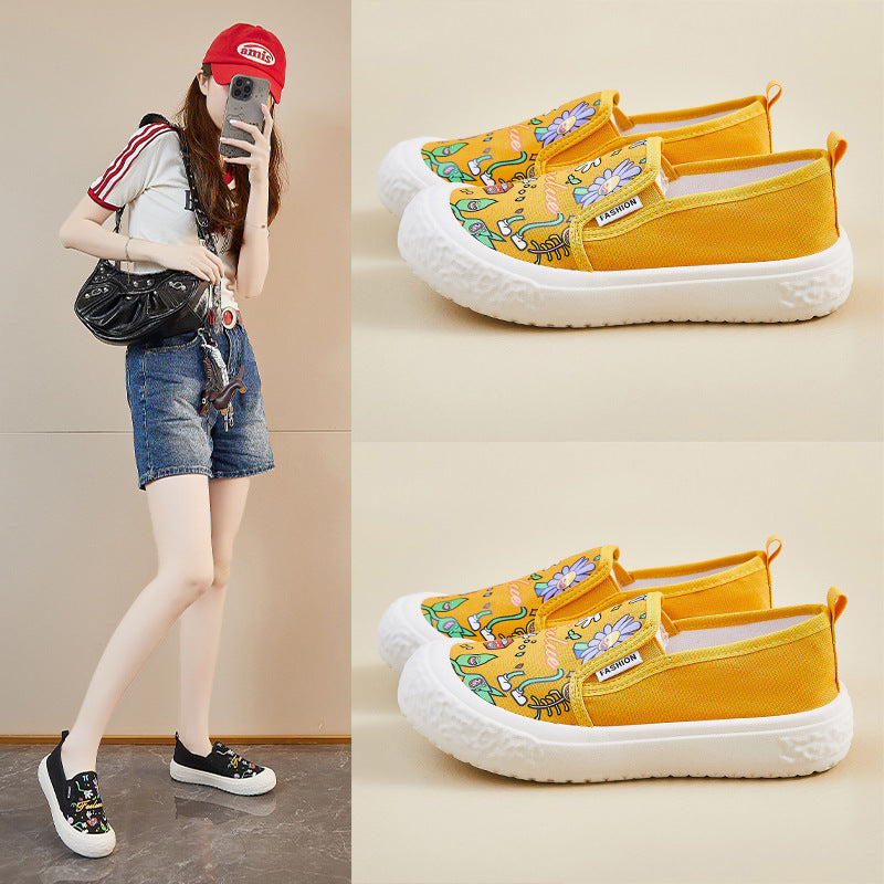 new summer canvas shoes women's thick soles increase in height lazy one pedal printing breathable casual street shot FB5508