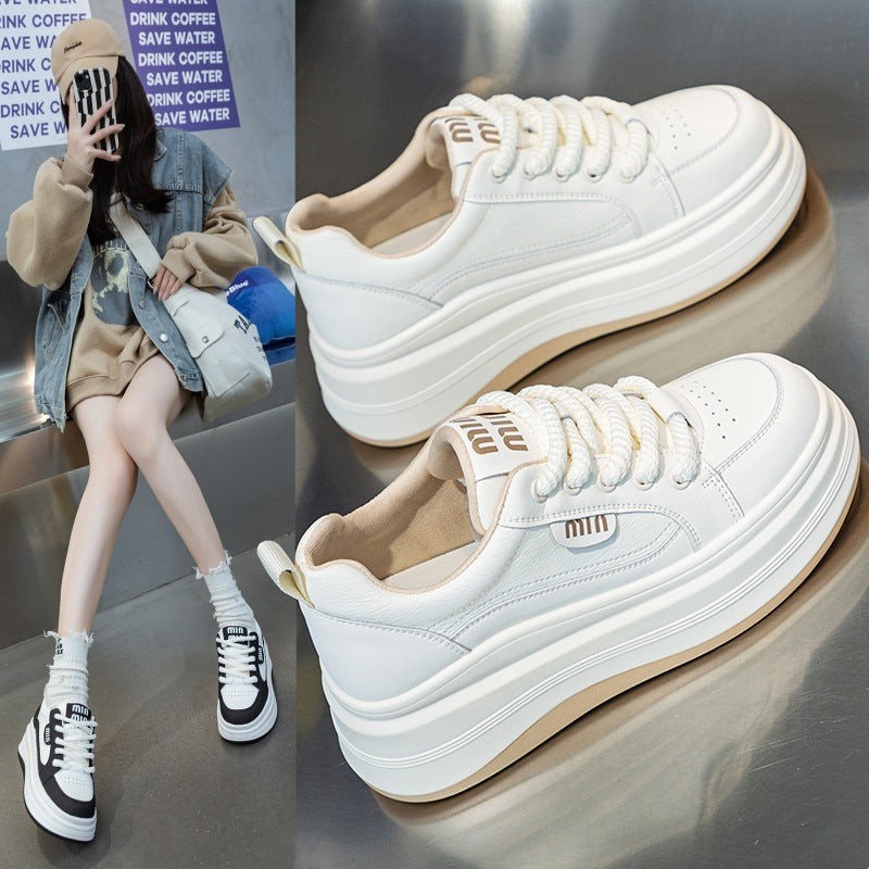 loveccr White Shoes for Women New Spring Casual Women's Sports Shoes All-Matching Genuine Leather Raise the Bottom Black and White Panda Board Shoes