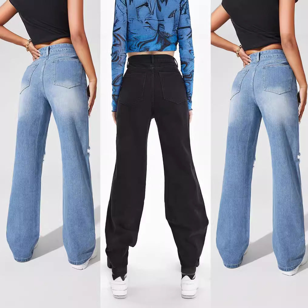 New European and American Wish Embroidery Ripped Fashion Denim Skinny Pants Female 69310