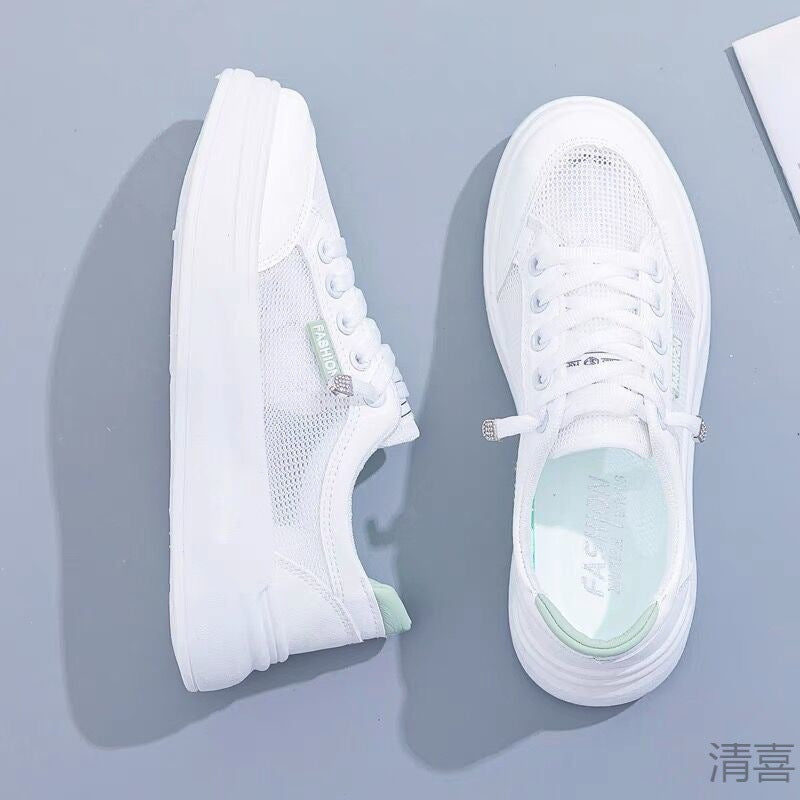 loveccr White Shoes Women's Summer New Mesh Shoes Breathable Mesh Versatile Thin Casual Platform Spring and Summer Sports Board Shoes