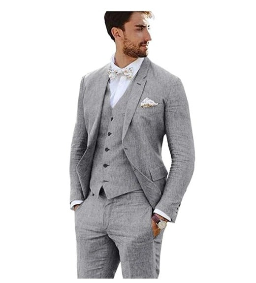 LOVECCR Men's Linen Slim Fit Suit Wedding Western Slim Fit 3 Piece Set Groom Swallowtail Best Men's Prom Suit