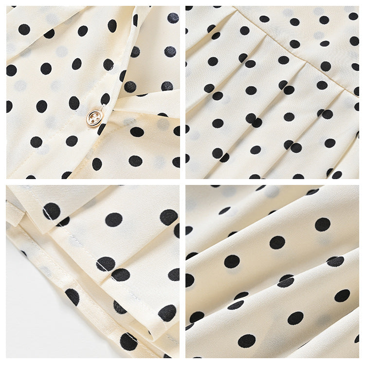 retro printing polka dot stand-up collar long-sleeved dress summer new slim-fit pleated medium-length dress L6086