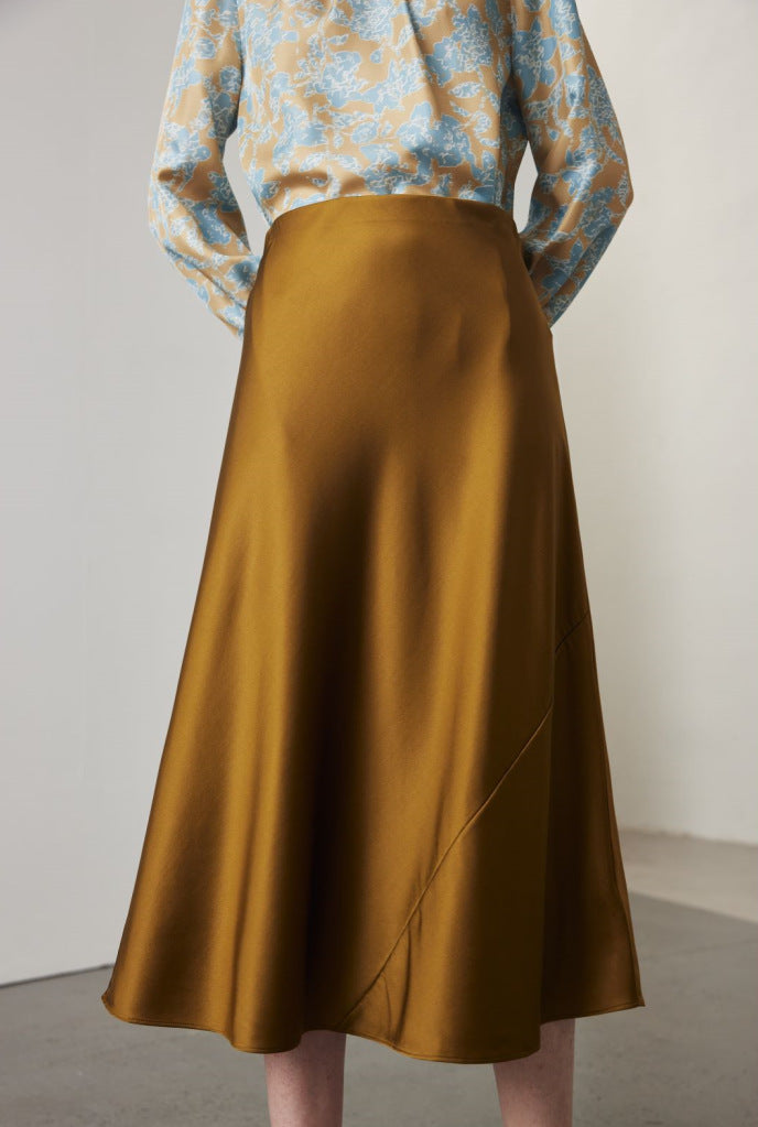 Silk Skirt Female Spring and Summer New Solid Color Commute Stretch Satin a Version Small Satin Mulberry Silk Skirt