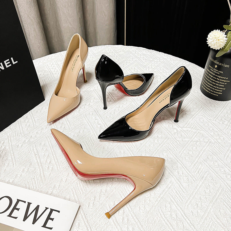 loveccr Nude Color Side Empty Red High Heel Shoes Women's Stiletto Heel New Pointed Low-Cut Patent Leather Sexy Temperament Genuine Leather Pumps