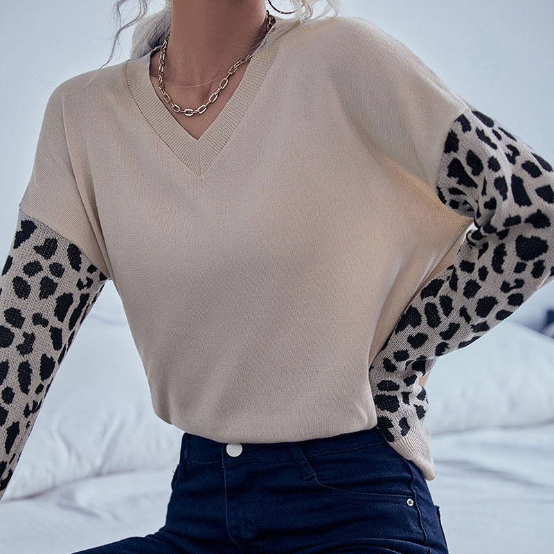LOVECCR Popular trade New autumn new V-neck knitted sweater pullover Popular trade splicing leopard print sweater bottoming shirt women