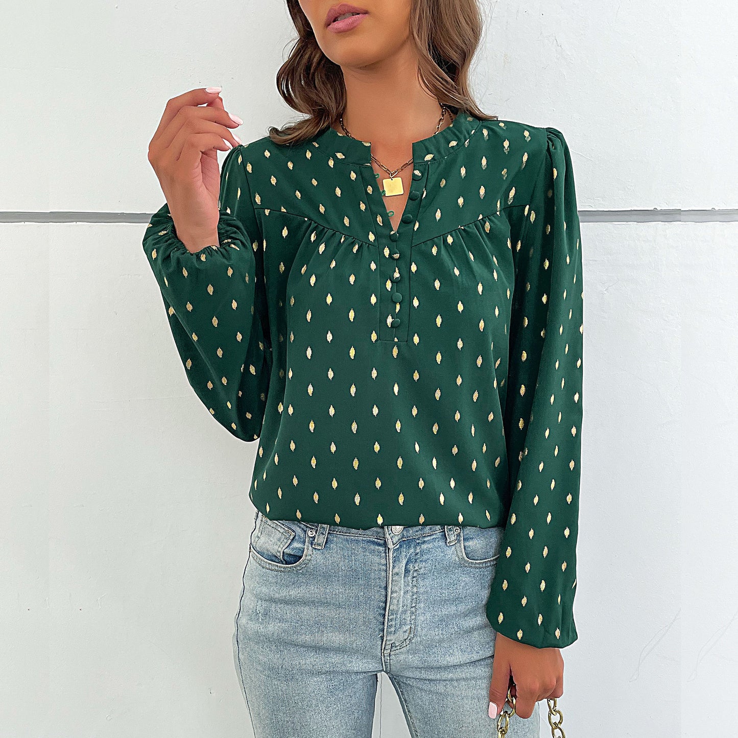 LOVECCR Cross-border popular spring and autumn new Popular trade 2025 commuter women's clothing long-sleeved polka dot bronzing design shirt