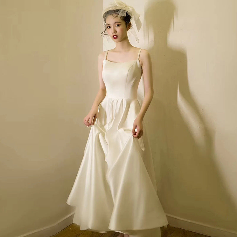 LOVECCR Sexy Strap Light Wedding Dress Bride Simplicity Graceful Satin Wedding Veil Mori Style Registration Dinner Suit