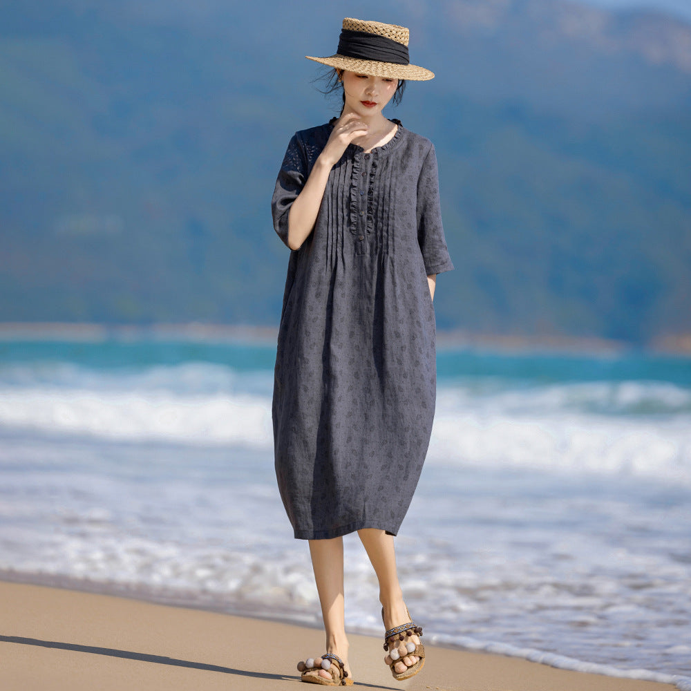 Linen Floral Dress Vintage Lacework round-Neck Organ Pleated Middle-Sleeve Floral-Print A- line Skirt 24 Spring and Summer Original New