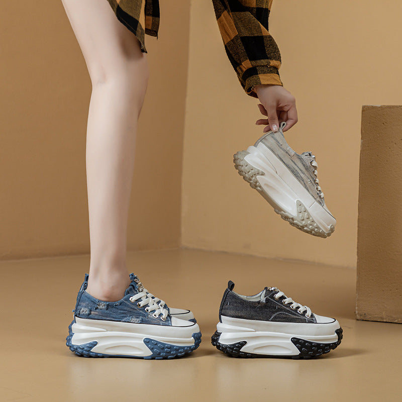 loveccr Autumn New Casual White Shoes Fashion Versatile Denim Retro Genuine Leather Elevator Sneaker Women's Shoes