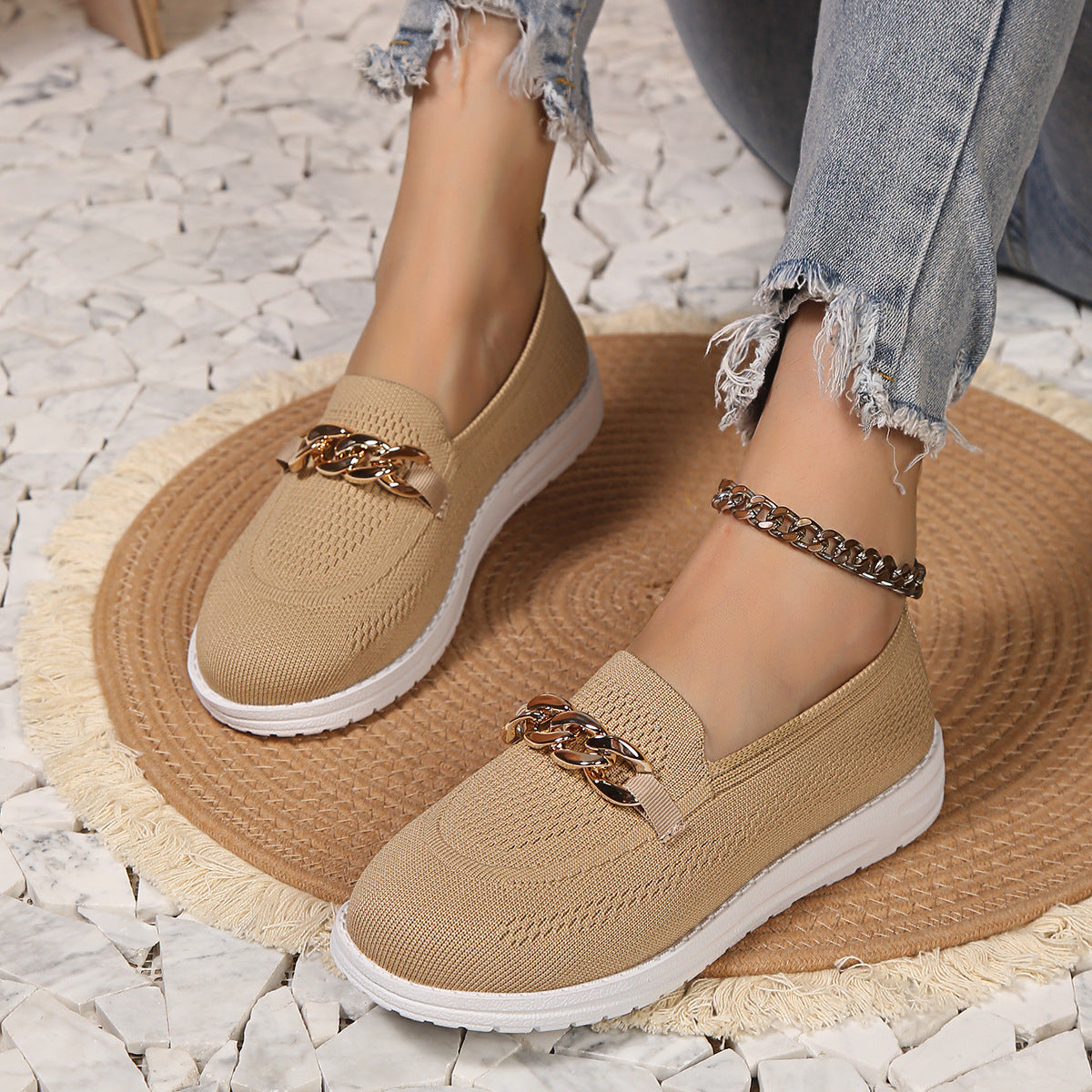 loveccr Loafers Women's Spring/Summer New Fly Woven Mesh Breathable Shoes Women's Cross-Border plus Size round Toe Shallow Mouth Sneakers Women