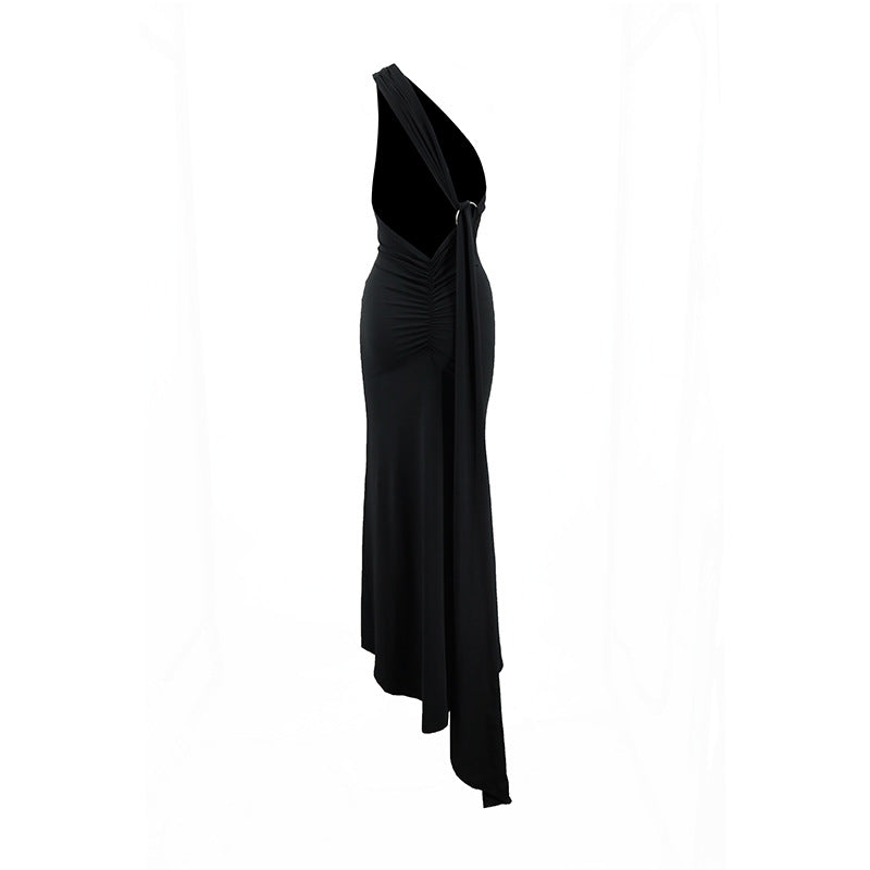 LOVECCR 2025 style women's clothing Hot summer new product slanted shoulder sexy slim backless pleated hollow strap long dress