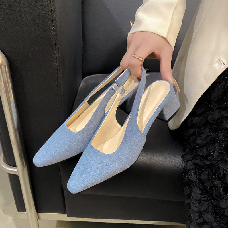 loveccr Red Pointed Toe High Heel Sandals for Women New Closed Toe Chunky Heel Not Tired Feet Simple Fashion Back Hollow Suede Sandals