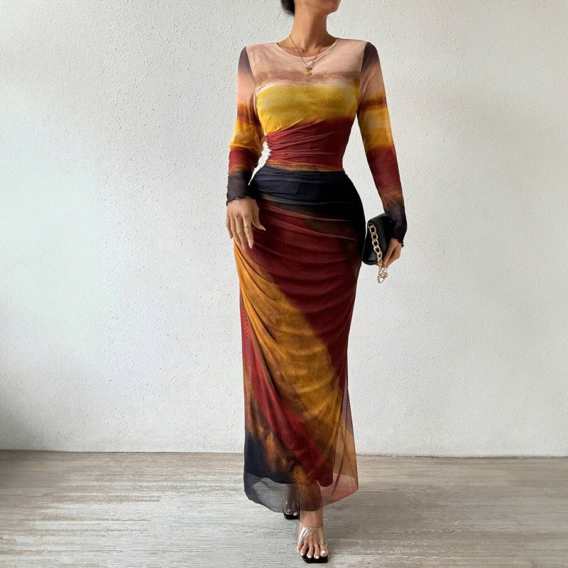 LOVECCRcross-border women's clothing autumn and winter new fashion printing gradual change slim crew neck long sleeve temperament dress