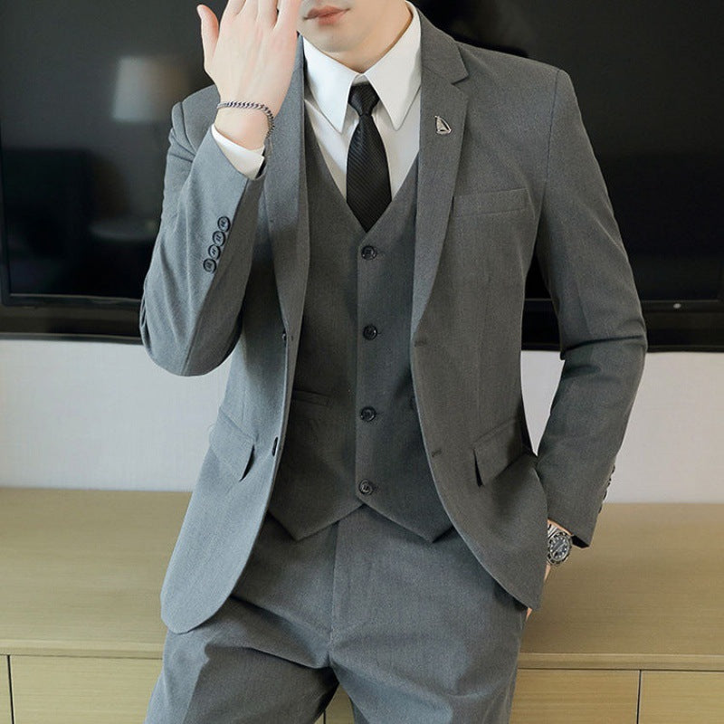 LOVECCR Formal Wear Gray Two Buckle Suit Suit Men's Three-Piece Suit Men's Business Casual Suit Korean-Style Slim Fit Groom Dress