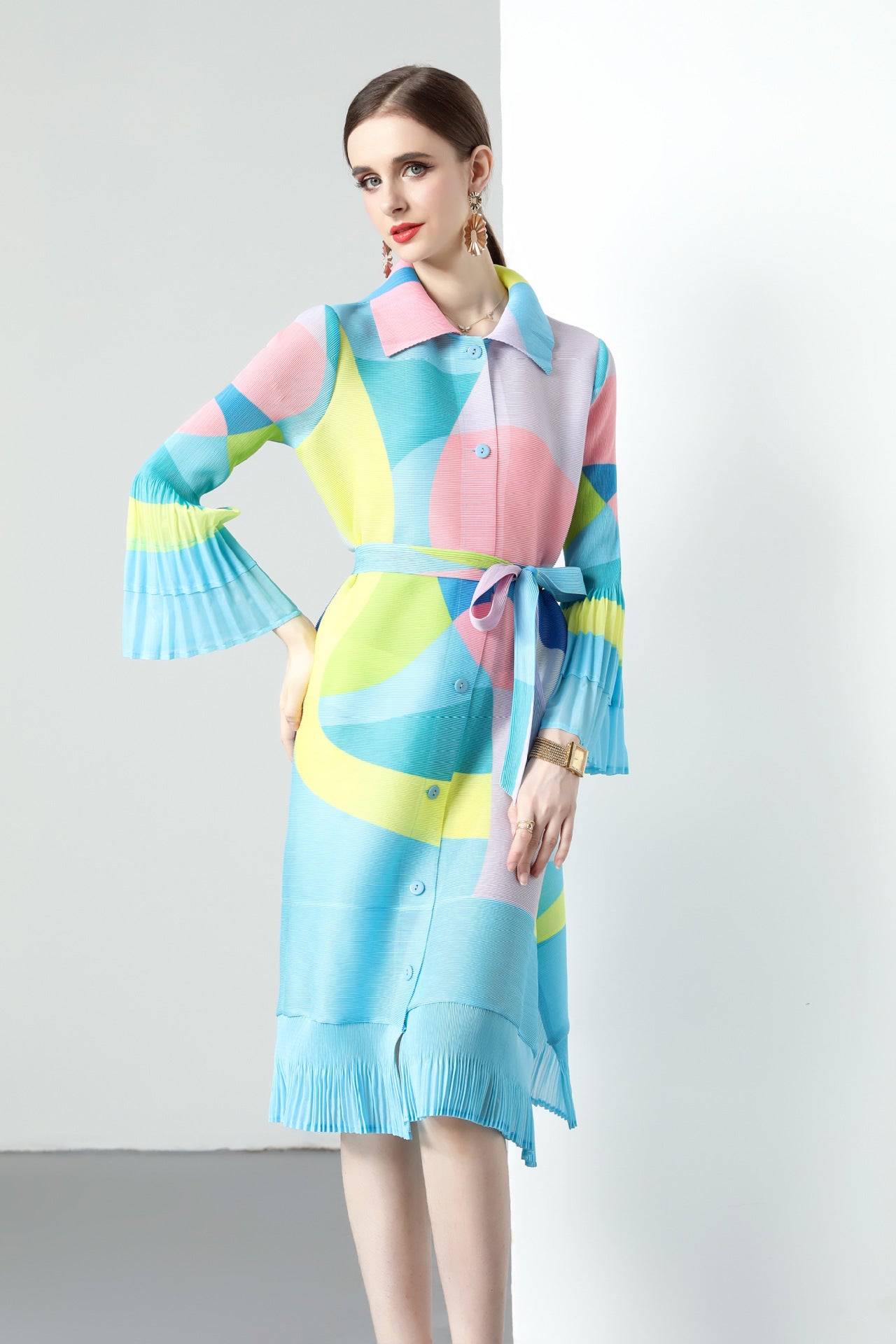 Pleated printed dress new spring and autumn lapel single-breasted cardigan large size waist strap medium and long dress