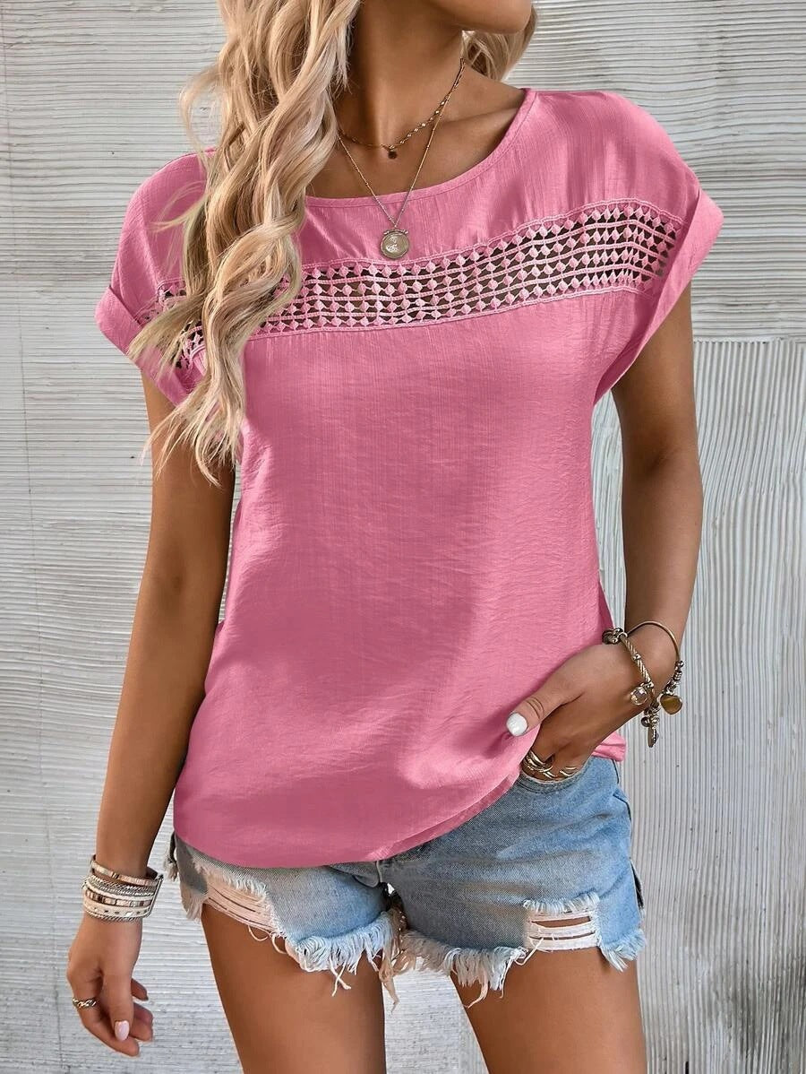 2025 Popular, , New women's clothing summer new casual solid color splicing lace hollow short-sleeved top women