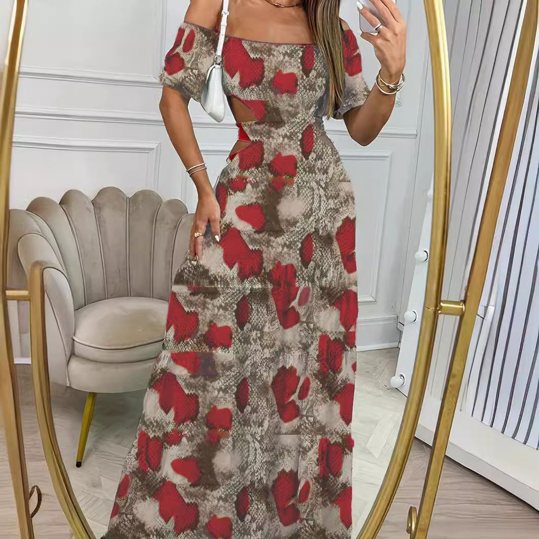 Independent Station Summer European and American Style Women's Printed off-Neck Elastic Waist Large Swing Dress Holiday Dress