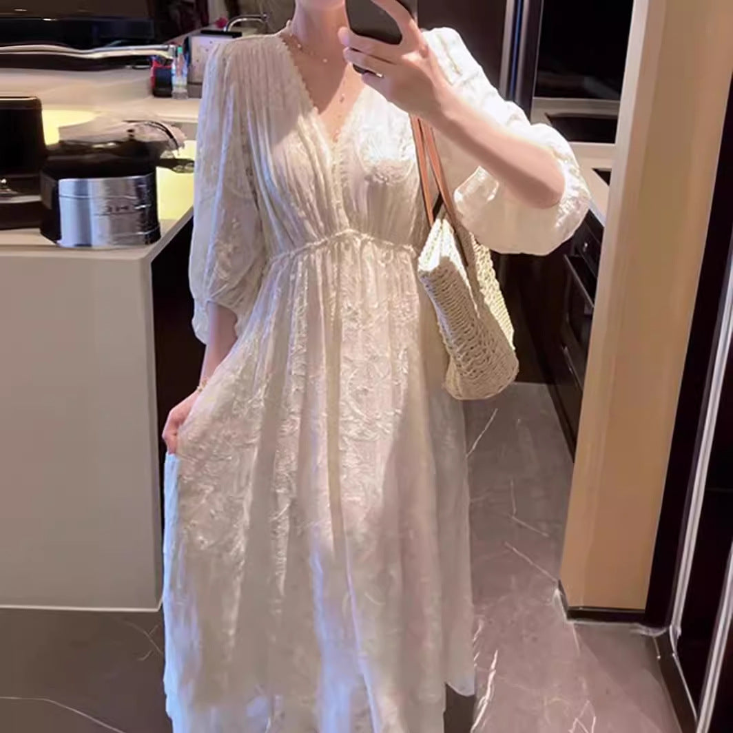 LOVECCR Machine Embroidery V-neck Design Tight Waist Slimming Dress Summer New Vacation Princess Dress