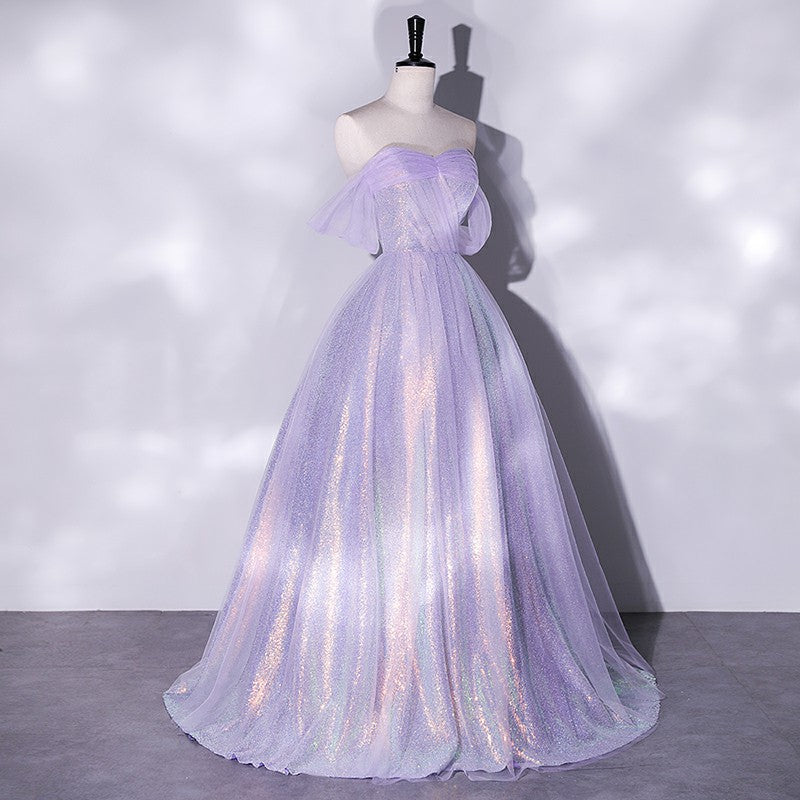 LOVECCR Violet Evening Dress for Women New off-Shoulder Mesh Slimming Annual Party Banquet Host Toast Dress Bride