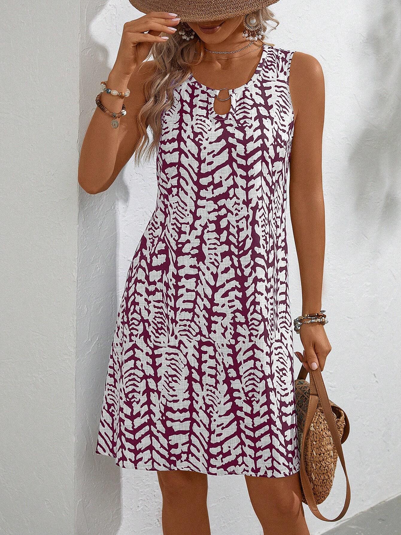 2025 Popular, , New summer new elegant U-neck burning printing sleeveless strap short dress