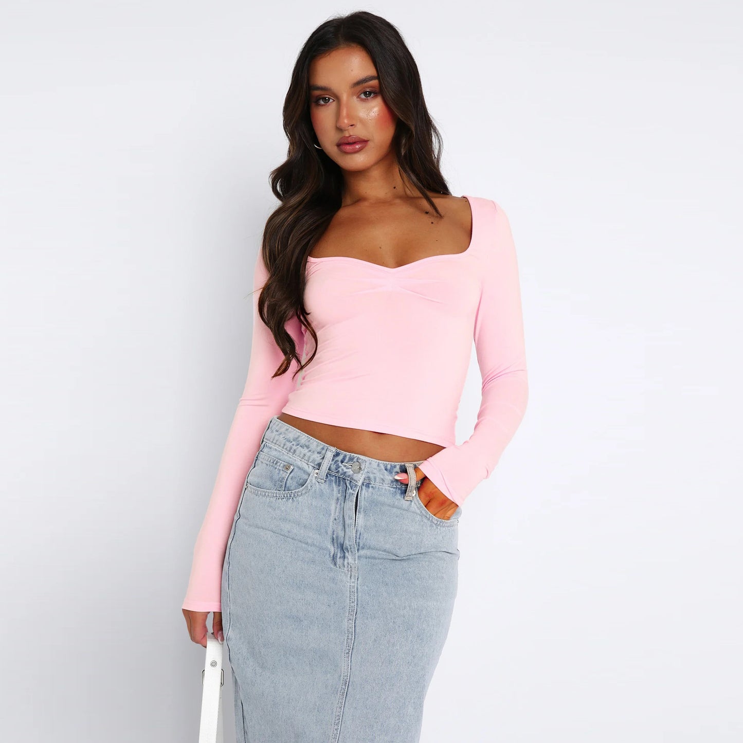 LOVECCR 2025 women's clothing Hot summer new sexy fashion slim and thin navel solid color long-sleeved top T-shirt