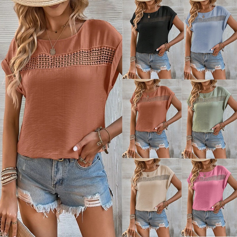 2025 Popular, , New women's clothing summer new casual solid color splicing lace hollow short-sleeved top women