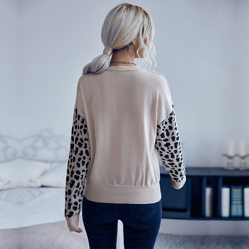 LOVECCR Popular trade New autumn new V-neck knitted sweater pullover Popular trade splicing leopard print sweater bottoming shirt women