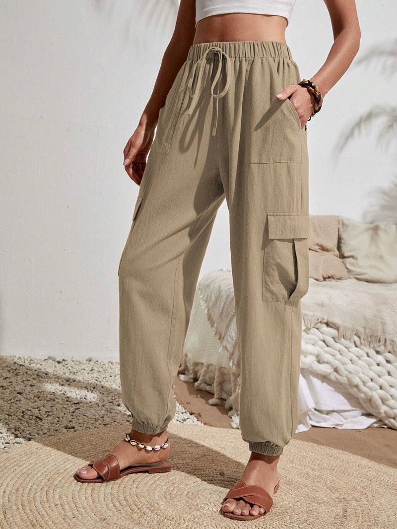 2025 Tiktoktemu women's clothing spring and summer new versatile solid color pocket casual tooling women's pants