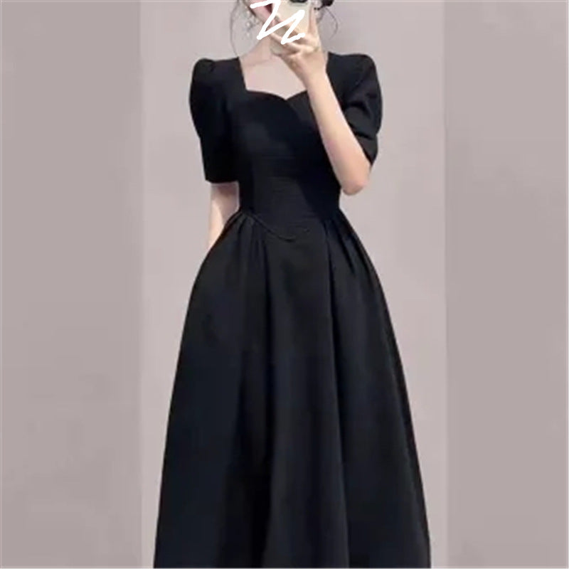Elegant Hepburn Style High Sense Square Collar Dress Summer New Women's Clothing Western Style Waist-Slimming Puff Sleeve Skirt