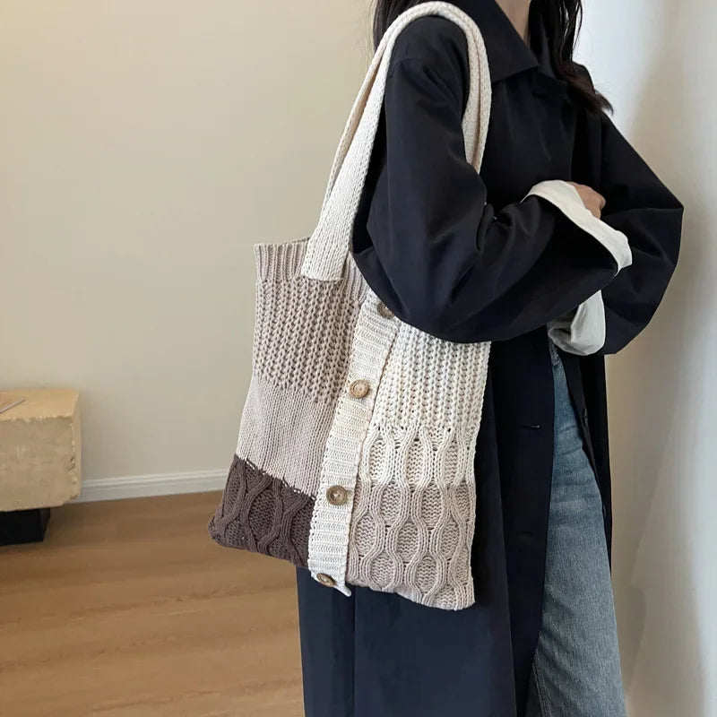 eybag - Autumn and Winter New Contrast Color Knitted Bag Women's Commuter Handbag Fashion Large Capacity One Shoulder Bag