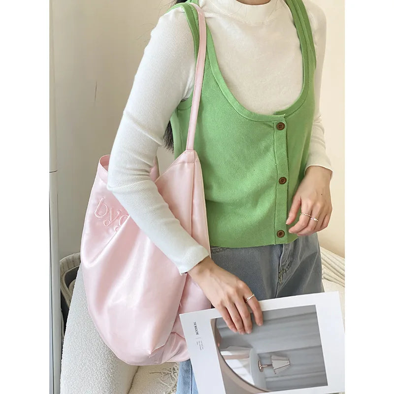 eybag - Women's Single Shoulder Bag Letter Embroidery Satin Large Capacity Tote Bags Leisure Commuter Handbag Lightweight