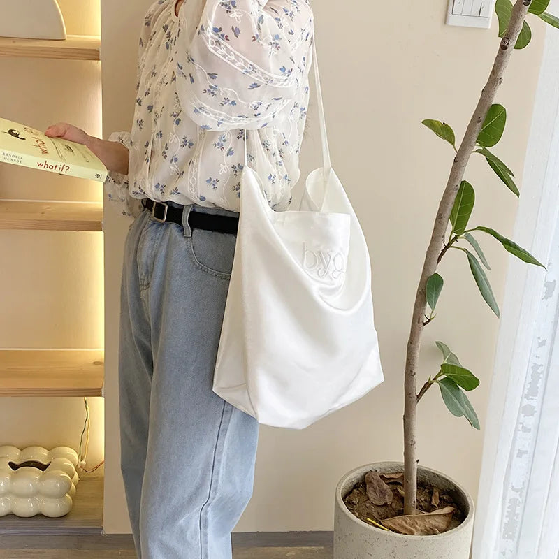 eybag - Women's Single Shoulder Bag Letter Embroidery Satin Large Capacity Tote Bags Leisure Commuter Handbag Lightweight