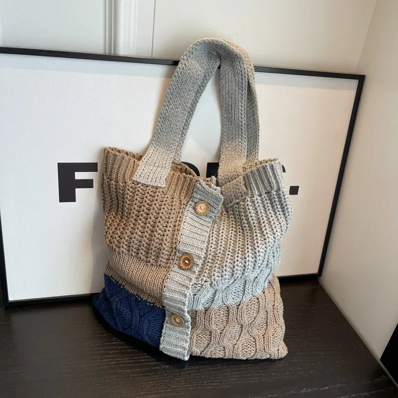 eybag - Autumn and Winter New Contrast Color Knitted Bag Women's Commuter Handbag Fashion Large Capacity One Shoulder Bag